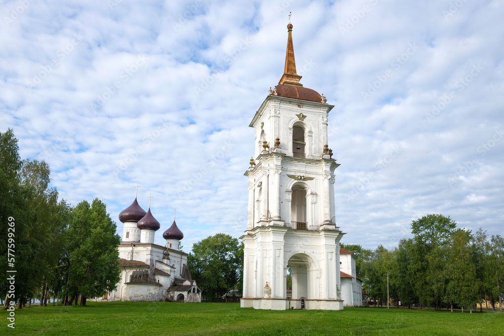 Ancient bell tower in Cathedral Square on a August morning. Kargopol. Arkhangelsk region, Russia