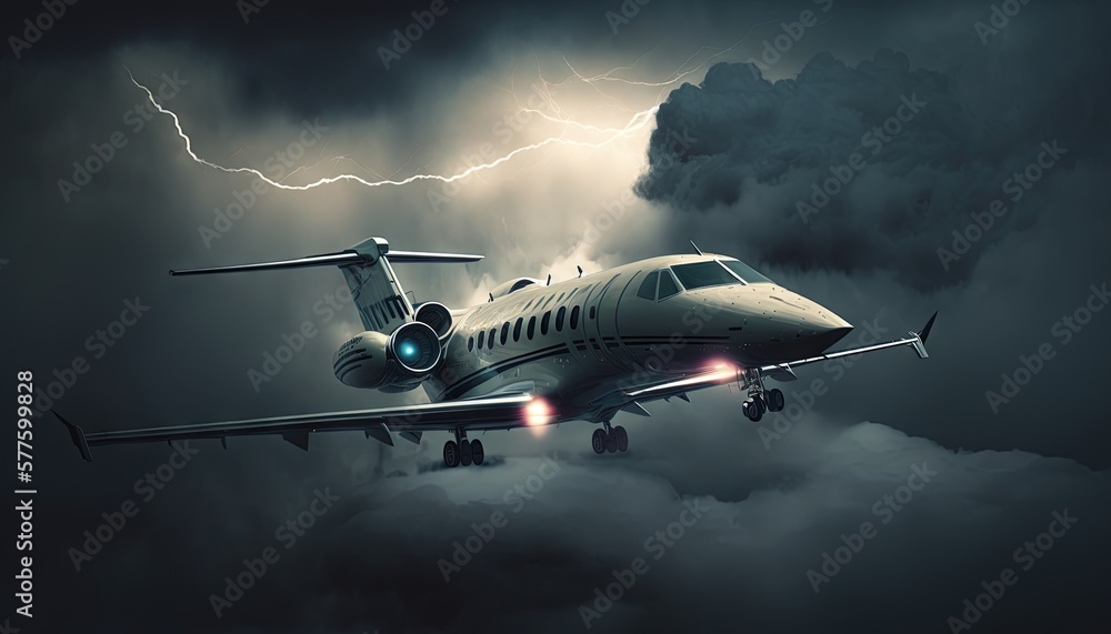 Airplane flying through storm clouds with lightning. Private jet catastrophe generate ai