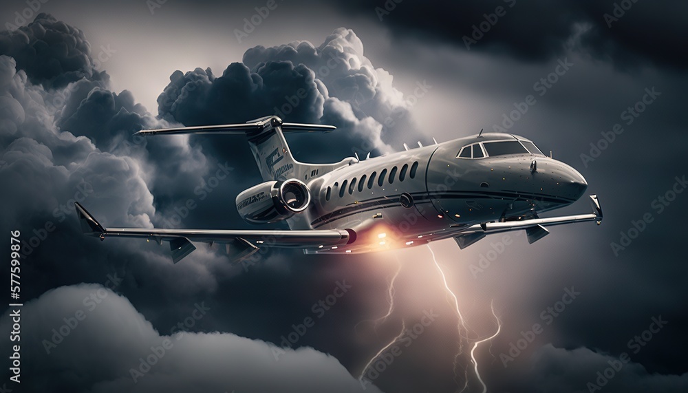Airplane flying through storm clouds with lightning. Private jet ...