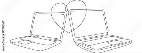 One continuous line. Heart on laptop screen.Open laptop.Heart.Symbol of love. One continuous line drawn isolated, white background.