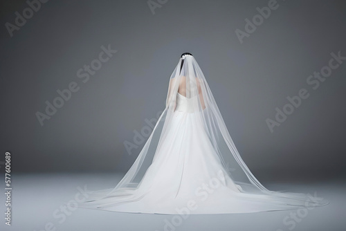 Fotografie A bride from behind in a white full wedding long dress in a studio, isolated on gray background