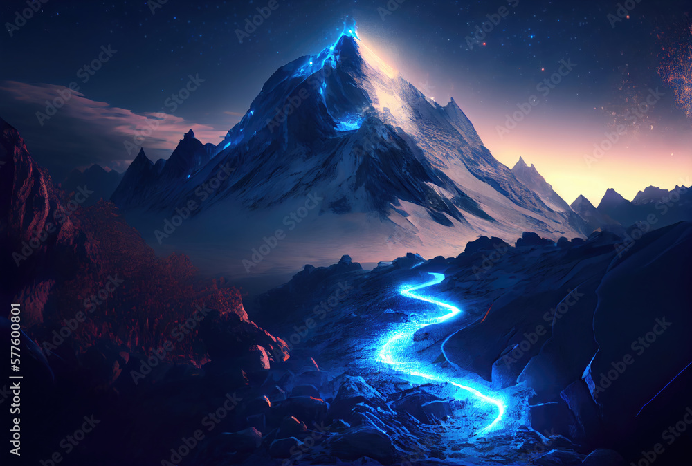 The glowing way to the blue mountain top background. Business and Success concept. Generative AI The glowing way to the blue mountain top background. Business and Success concept. Generative AI