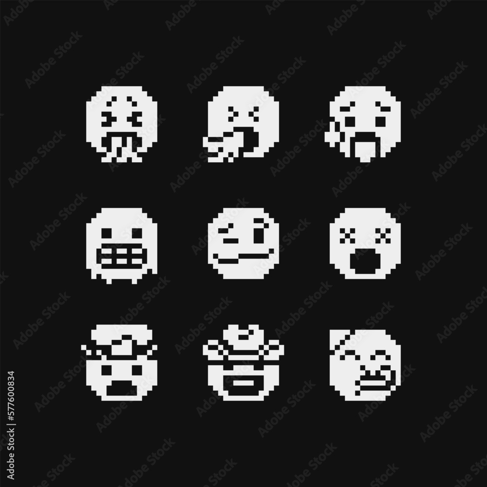 Characters emoji, smiley face, emoticon with various emotions cute faces, pixel art style 1-bit icons set. Isolated vector illustrations. Characters emoji, smiley face, emoticon with various emotions cute faces, pixel art style 1-bit icons set. Isolated vector illustrations.