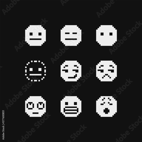 Characters emoji, smiley face, emoticon with various emotions cute faces, pixel art style 1-bit icons set. Isolated on black background vector illustrations.