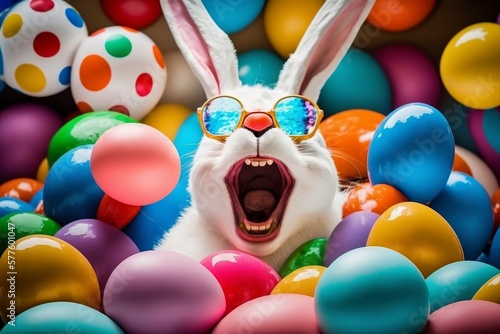 Easter bunny having fun with colorful of Easter eggs 