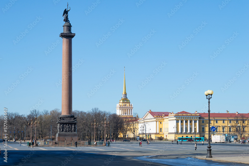 View of the old Alexander Column and the Admiralty building on a sunny April day. Palace Square, Saint Petersburg