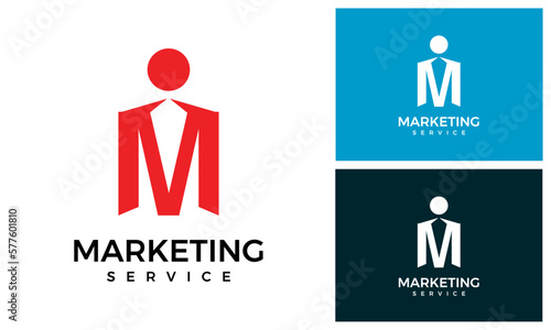 Initial Letter M Logo Design Template With Marketing Officer. Marketing Service Logo.