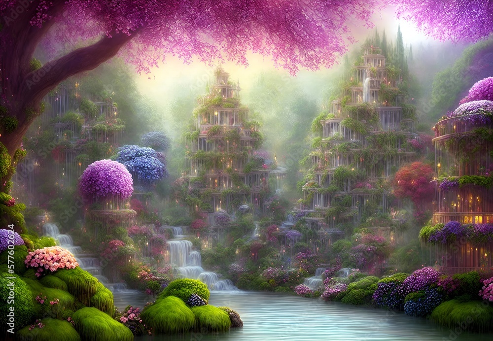 landscape with trees and flowers Generative AI
