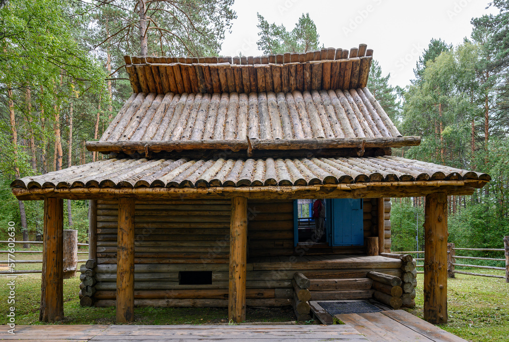 Traditional wooden hut of the 19th century of the Siberian Shor people in the forest