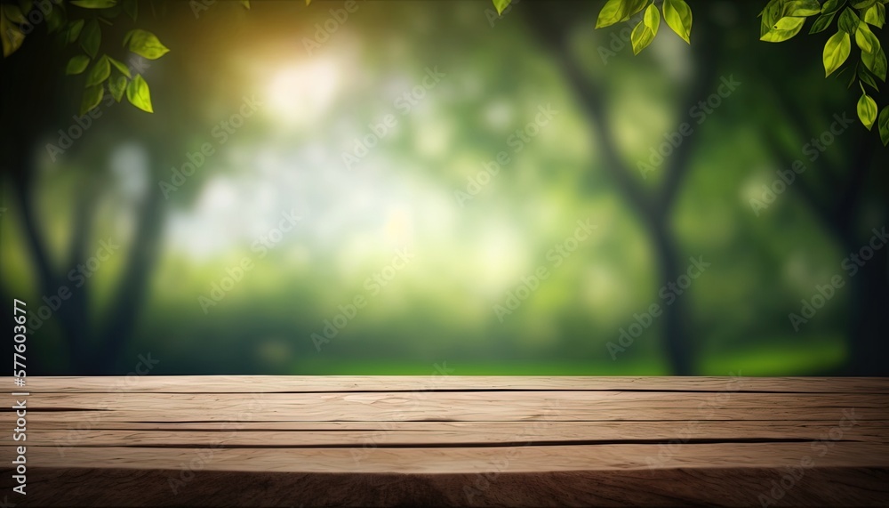 Wooden table and blurred green nature bokeh background for product.Tabletop photography: Images of various objects, such as books, plants, or stationery, arranged on a wooden tabletop.Generative AI Wooden table and blurred green nature bokeh background for product.Tabletop photography: Images of various objects, such as books, plants, or stationery, arranged on a wooden tabletop.Generative AI