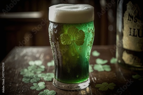 Saint Patrick's Day green beer with four-leaf clovers. Generative AI.