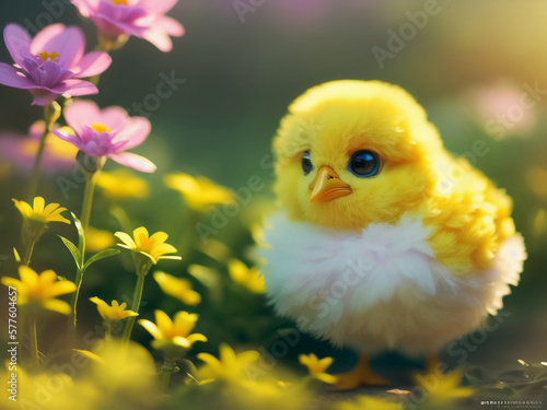 Cute and adorable baby yellow chicken in colorful flowers. Generative AI © Sergey Ilin