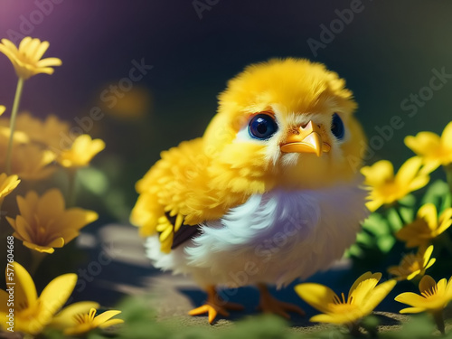 Cute and adorable baby yellow chicken in colorful flowers. Generative AI © Sergey Ilin