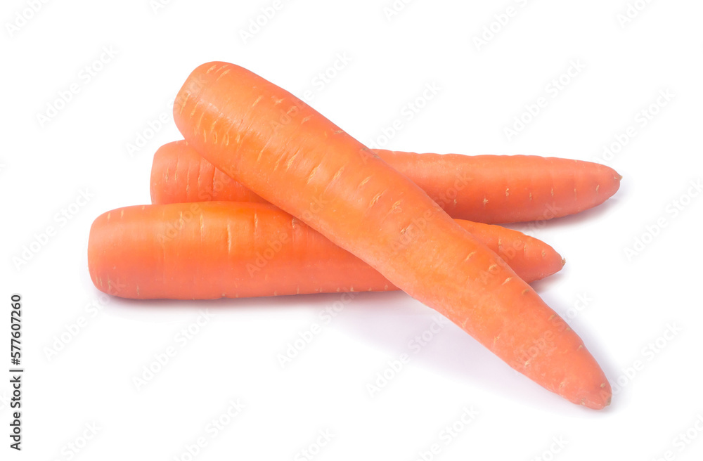 Three orange carrots vegetable in stack isolated on white background with clipping path and shadow in png file format Three orange carrots vegetable in stack isolated on white background with clipping path and shadow in png file format