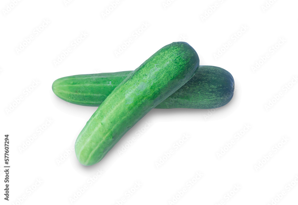 Top view of two fresh green cucumbers vegetable in stack, heap or pile isolated on white background with clipping path and shadow in png file format Top view of two fresh green cucumbers vegetable in stack, heap or pile isolated on white background with clipping path and shadow in png file format