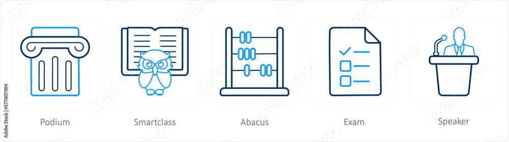 A set of 5 School icons as podium, smart class, abacus A set of 5 School icons as podium, smart class, abacus