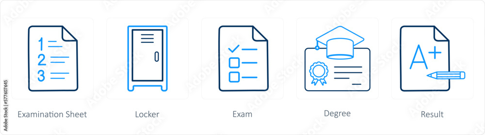 A set of 5 School icons as examination sheet, locker, exam A set of 5 School icons as examination sheet, locker, exam