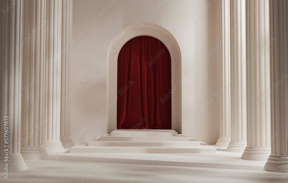 Fototapeta premium Ancient greek style pillar podiums with red curtains in door Classic pastel cream color background