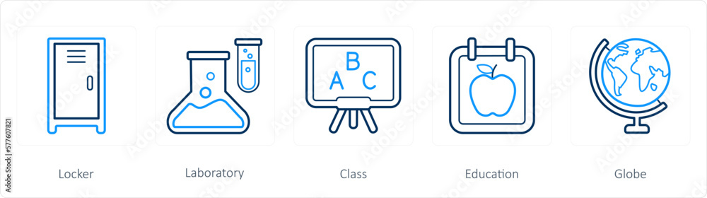 A set of 5 School icons as locker, laboratory, class A set of 5 School icons as locker, laboratory, class