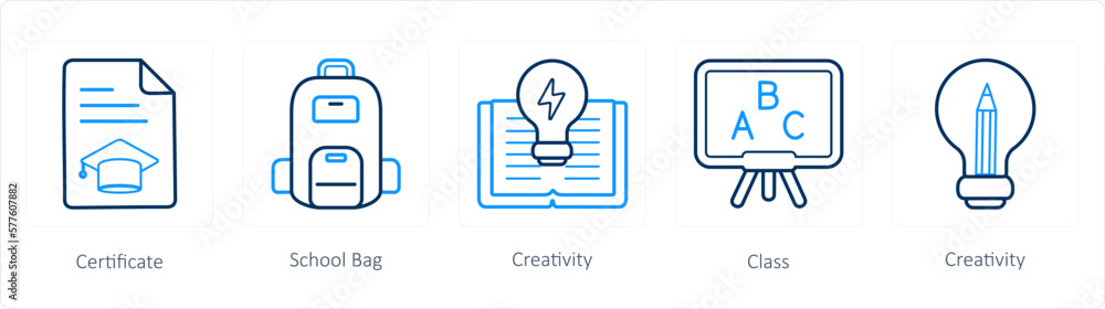 A set of 5 School icons as certificate, school bag, creativity