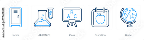 A set of 5 School icons as locker, laboratory, class