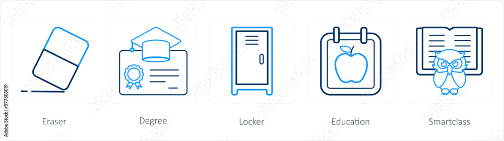 A set of 5 School icons as eraser, degree, locker A set of 5 School icons as eraser, degree, locker