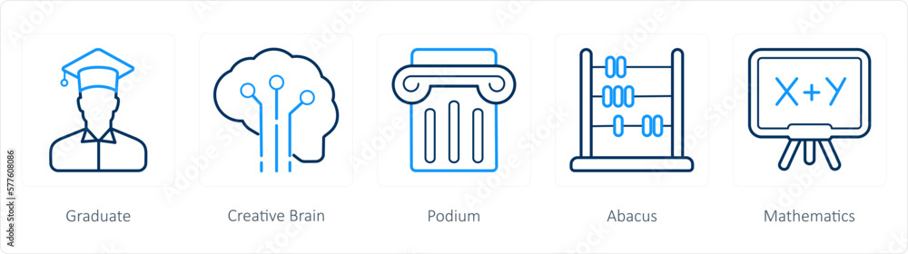 A set of 5 School icons as graduate, creative brain, podium A set of 5 School icons as graduate, creative brain, podium