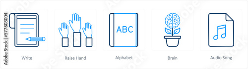 A set of 5 School icons as write, raise hand, alphabet photo