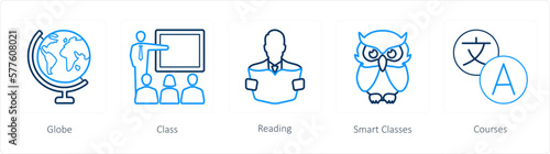 A set of 5 School icons as globe, class, reading