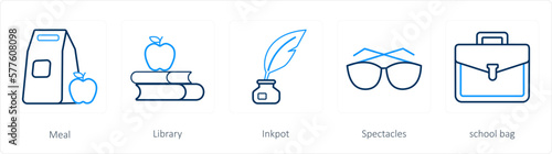 A set of 5 School icons as meal, library, inkpot