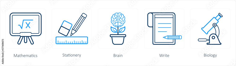 A set of 5 School icons as mathematics, stationery, brain A set of 5 School icons as mathematics, stationery, brain