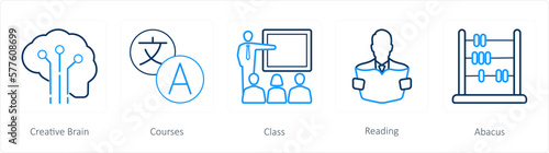 A set of 5 School icons as creative brain, courses, class
