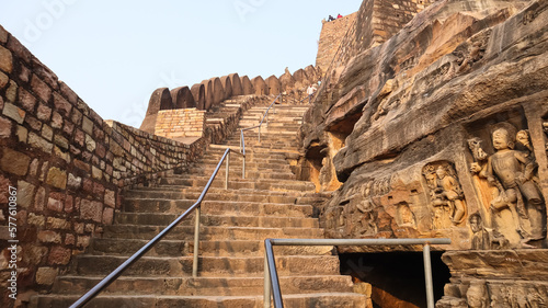 The Fortress of Kalinjar Fort, Rockcut Walls and Sculptures on the Fort, Kalinjar Fort, India. photo