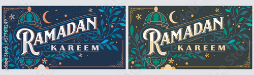 set Ramadan Kareem horizontal vector, lettering text with lanterns and foliage decorations around it. Ramadan Kareem advertisement, flyer, invitation, greeting card. Islamic.
