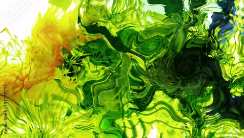 フローラルで抽象的な流体ペイントアニメーション　カラフルな波紋の模様　ひまわりと緑のイメージ