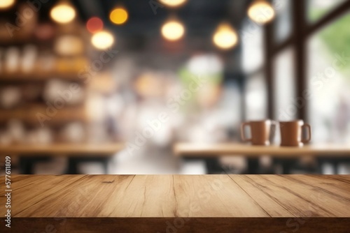 Foto This stunning coffee shop photograph featuring a cozy shelf and table setup, perfect for a cafe or restaurant decor