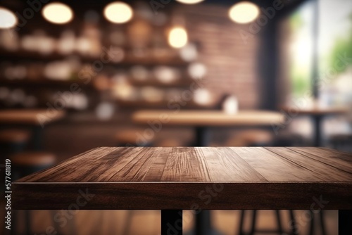 Fotografiet This stunning coffee shop photograph featuring a cozy shelf and table setup, perfect for a cafe or restaurant decor