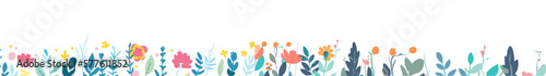 Horizontal white banner or floral background and border with multicolor blooming petals. Spring plants flat vector illustration on white background.