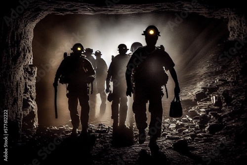 Coal miners walking through the tunnel in a mine. Generative AI. photo