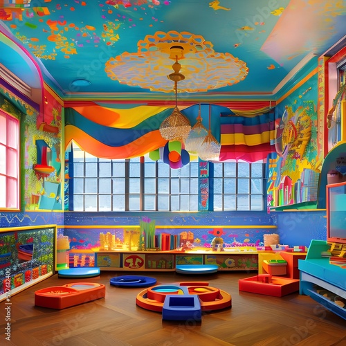 Kids playroom with colorful walls and toys1, Generative AI
