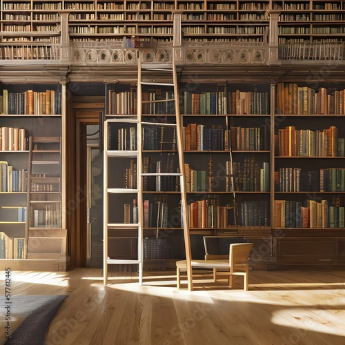 Serene home library with ladder and sliding ladder1, Generative AI