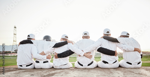 Photography Support, hug and back of men in baseball for motivation, solidarity and collaboration at a park