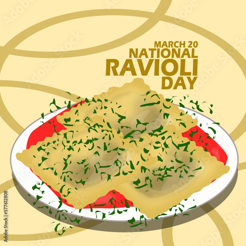 A plate of delicious dish called Ravioli with sauce and bold text on light brown background  to celebrate National Ravioli Day on March 20
