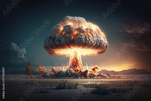 Nuclear explosion. Word nuclear war. Nuclear mushroom over water created with Generative AI technology photo