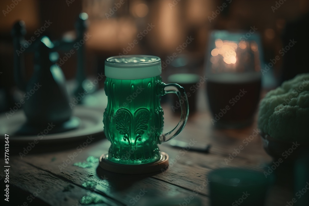 Beautiful beer mug with green beer on a wooden table in a pub. Saint Patrick's Day holiday. Generative AI. Beautiful beer mug with green beer on a wooden table in a pub. Saint Patrick's Day holiday. Generative AI.