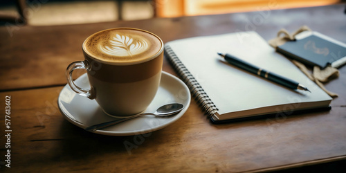 Cappuccino coffee in a beautiful glass on the table beside notebook favorite cup of coffee concept in the morning time. Generated by Ai
