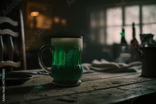 Beautiful beer mug with green beer on a wooden table in a pub. Saint Patrick's Day holiday. Generative AI.