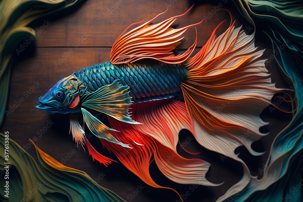 Fototapeta premium A colorful paper cut betta fish made with generative AI
