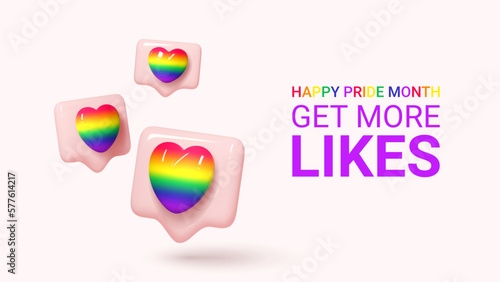 Vector banner for Pride month. 3d icons of notifications for social media with rainbow hearts for design of LGBTQ events. Pride day vector illustration. Human rights and tolerance concept.