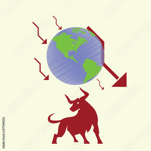 Bull market down  or fall market trend in crypto currency or stocks. Trade exchange, red down arrow graph. market fall charts.  global loss  chart and market red. Global economy falling sign.